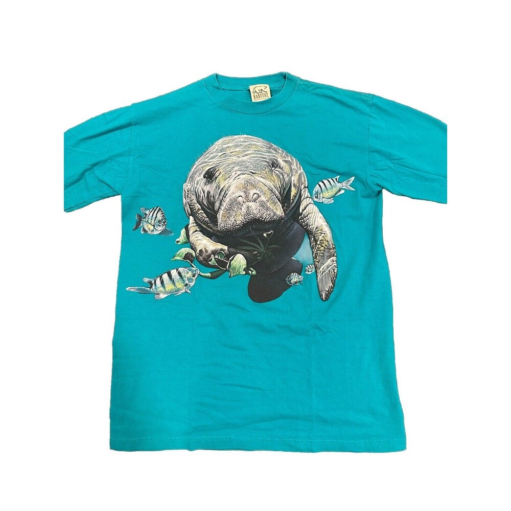Vintage Manatee Habitat T Shirt Sz Large Teal Fish